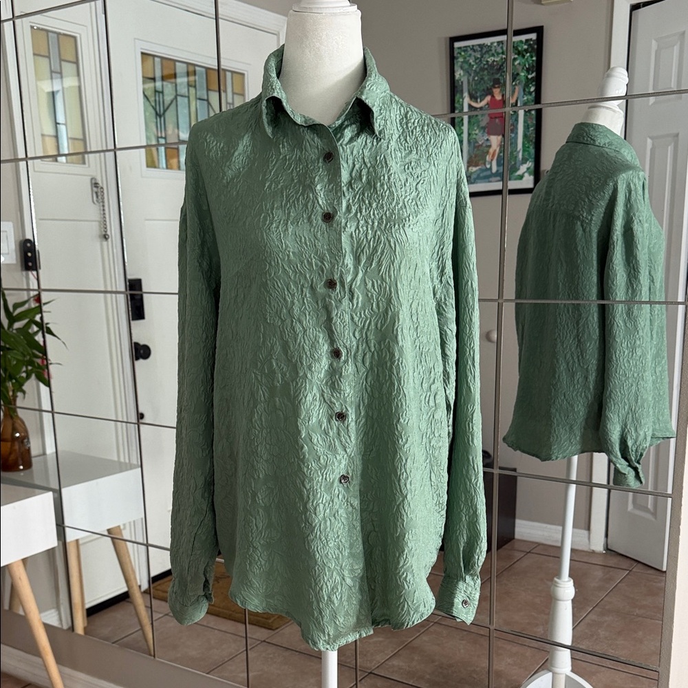 Vintage Silk Button-Down Shirt  Sage Green